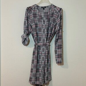 Express Plaid Button-Front Shirt Dress – Size S, Belted Long-Sleeve Casual Tunic